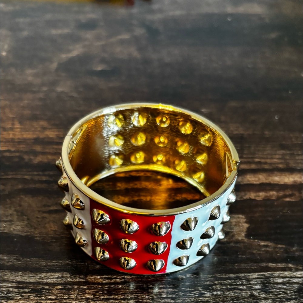 Gold Spike Hinged Cuff Bracelet with Red‎ and White Enamel